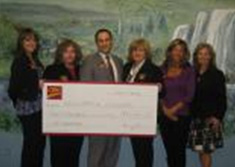 Des employs de la Banque CIBC prsentent un chque  des reprsentants de Wellspring Niagara